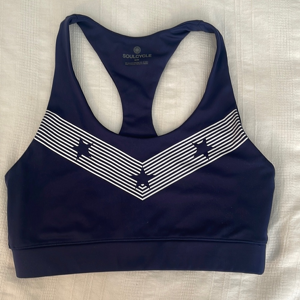 Soulcycle navy and white stars sports bra